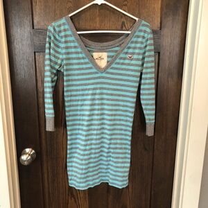 Hollister Y2K Vintage Long Deep V Teal and Gray Striped Shirt - large